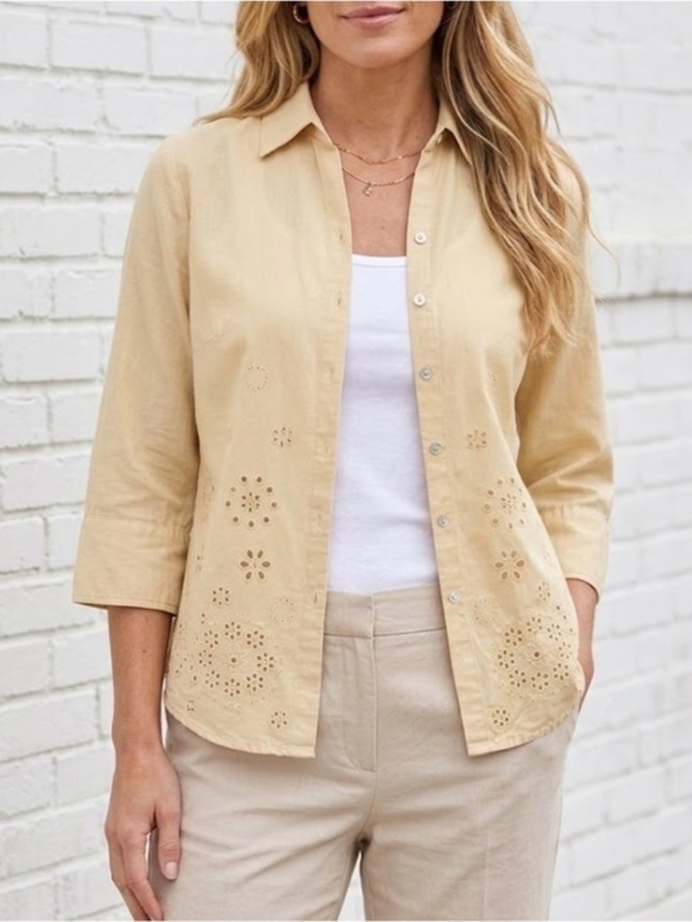Beautiful Jennifer Eden Flower Eyelet Blouse Top 3/4 Sleeve Fall 12 Large